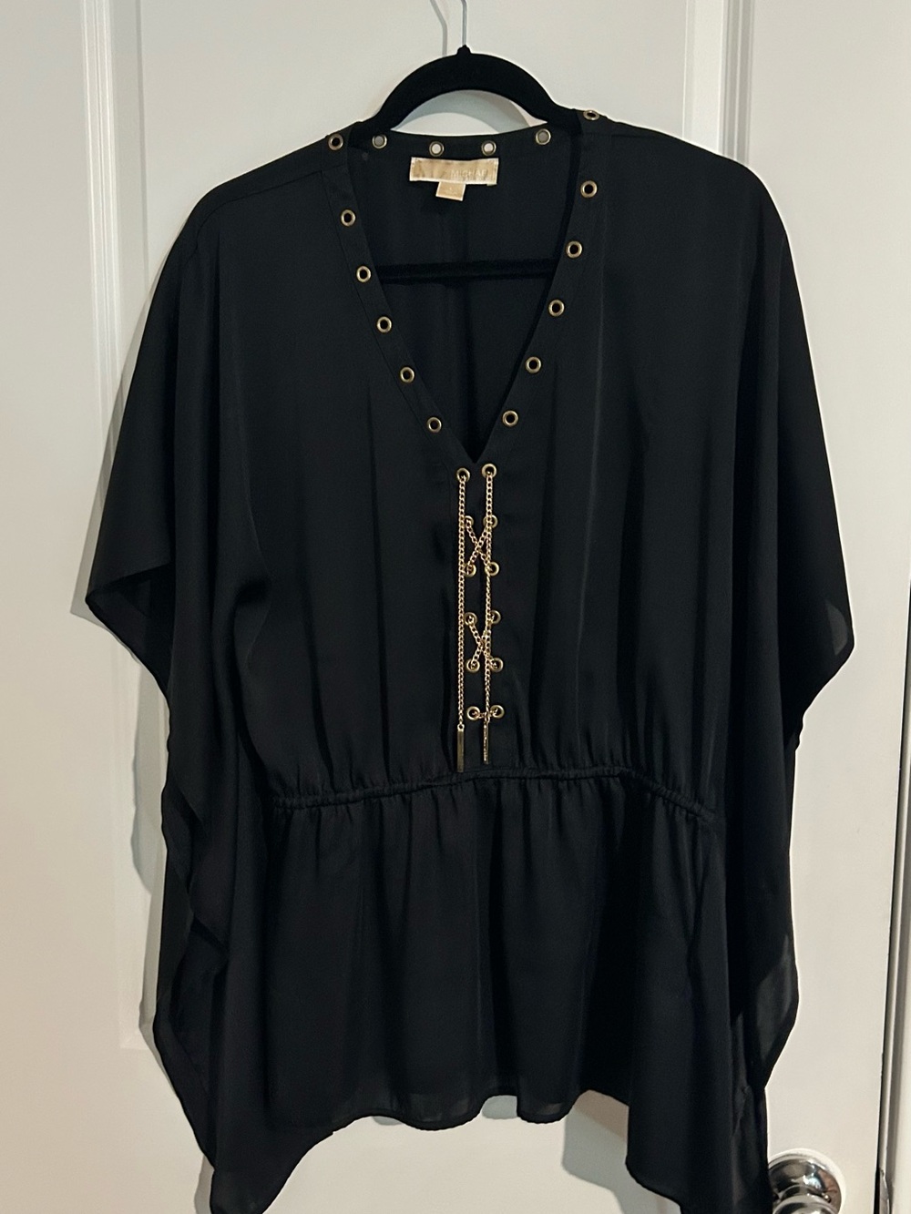 Michael Kors Black V-Neck Tunic with Gold Eyelet & Chain Trim